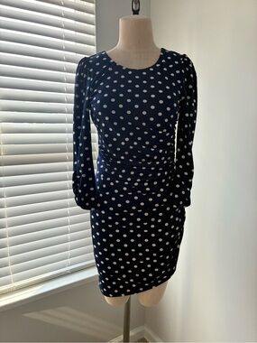 Ark & Co Women's Navy and White Ruched Polka Dot Long Sleeve Mini Dress